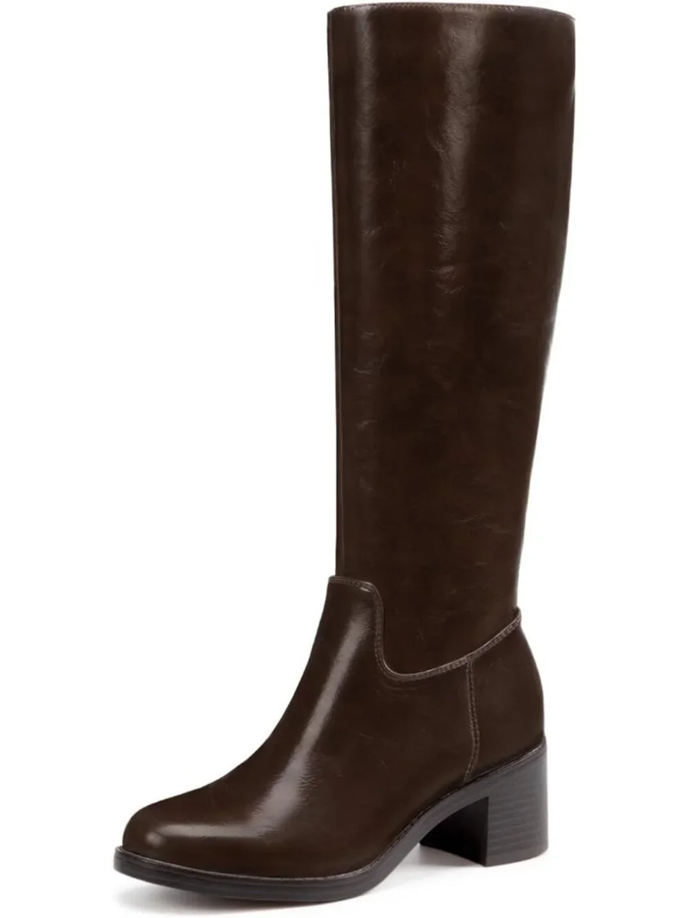 Women's Chocolate Chunky Heel Round Toe Pu Suede Side Zipper Knee High Boots